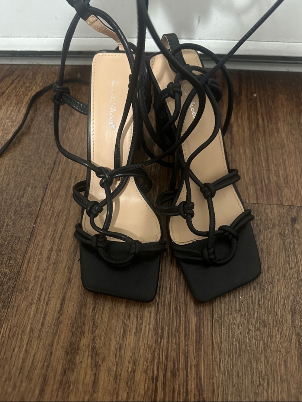 Lace-Up Strappy Square-Toe Sandals - Black